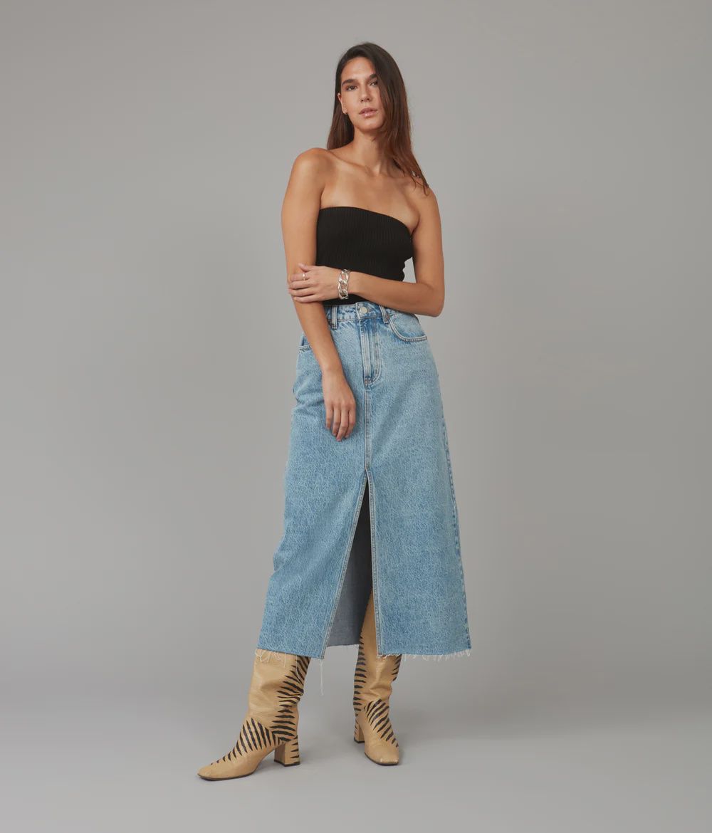 High Rise Maxi Denim Skirt – Elegant Women’s Long Skirt (Halston), Colour: Ice Blue, Size: S
