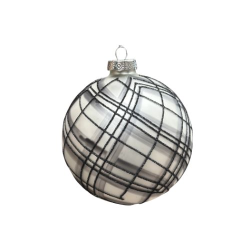 Glass Ball Ornament with Grey &amp; Black Plaid Striping