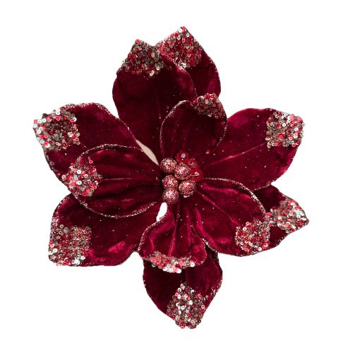 Velvet Magnolia Stem with Glitter Tips 20in burgundy