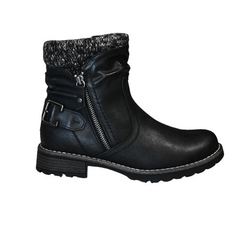 Serena Black Leather-Style Boot with Buckle and Knit Detail