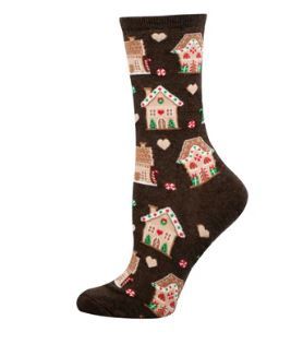 Ladies Socks- Gingerbread Houses - Brown Heather / 9-11 (Womens Shoe Size 5-10.5)