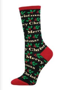Ladies Merry Christmas Socks - Black / 9-11 (Womens Shoe Size 5-10.5)