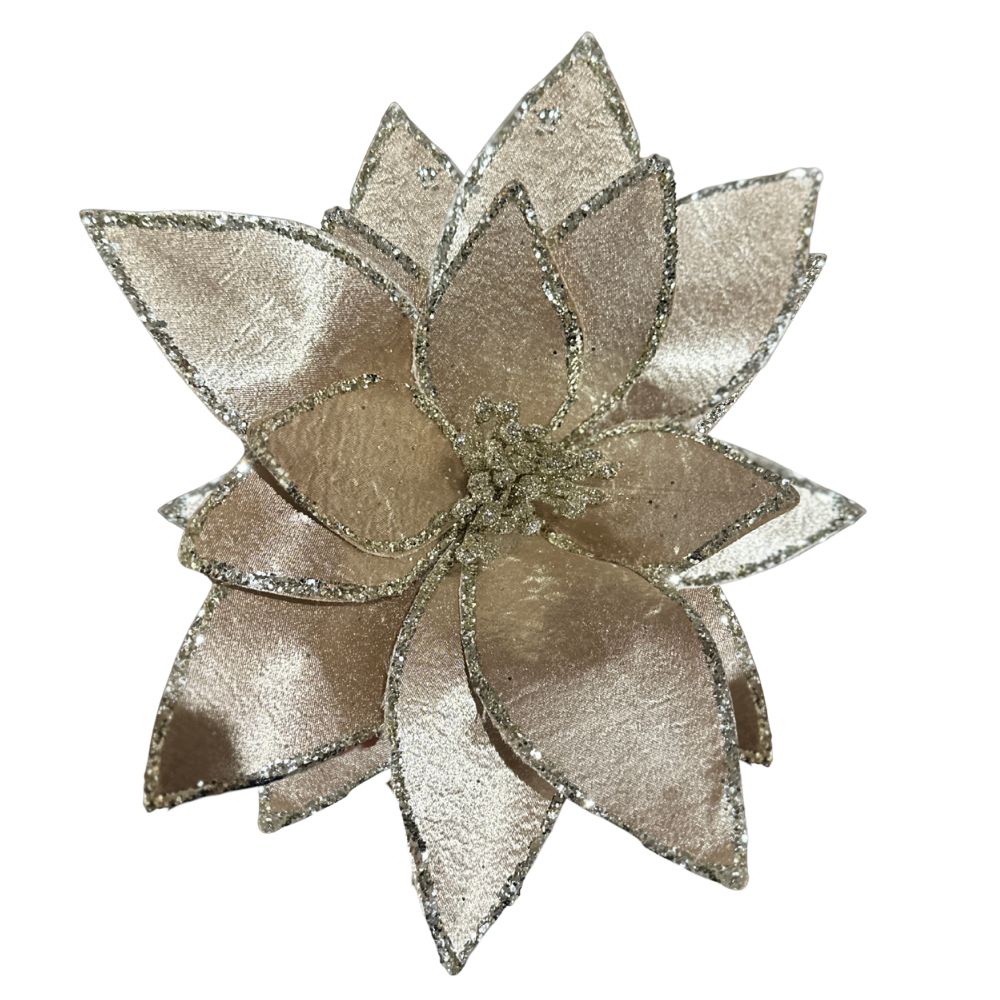 20IN Shimmer Fabric Poinsettia Pick – Taupe with Glitter Edging