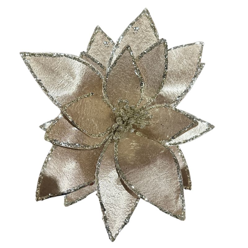20IN Shimmer Fabric Poinsettia Pick – Taupe with Glitter Edging