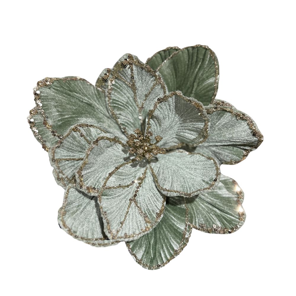 20IN Velvet Magnolia Stem – Sage Green with Glitter Tips