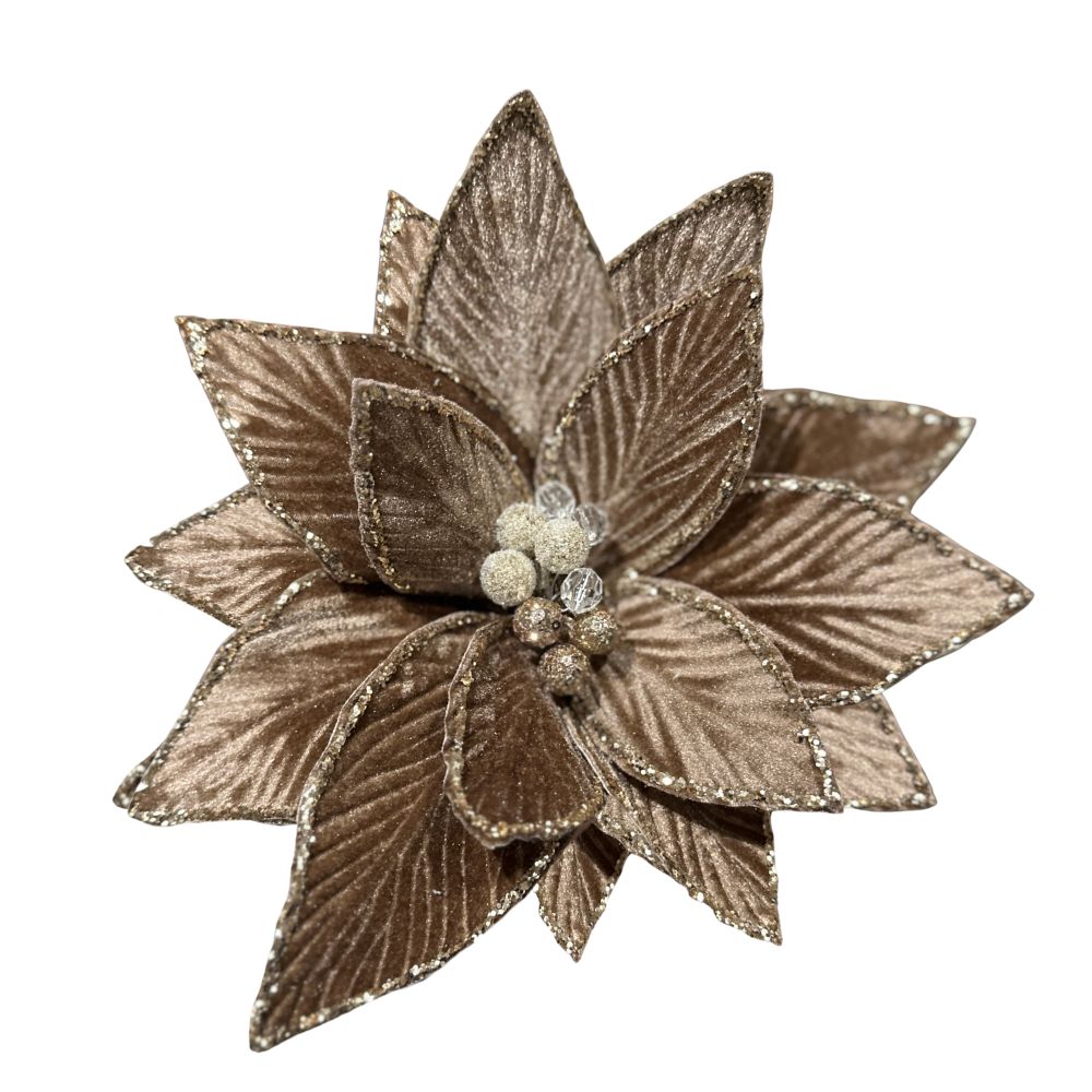 12IN Luxury Velvet Poinsettia – Mocha with Glitter