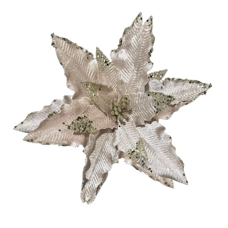 30CM Velvet Poinsettia Pick – White with Glittered Tips