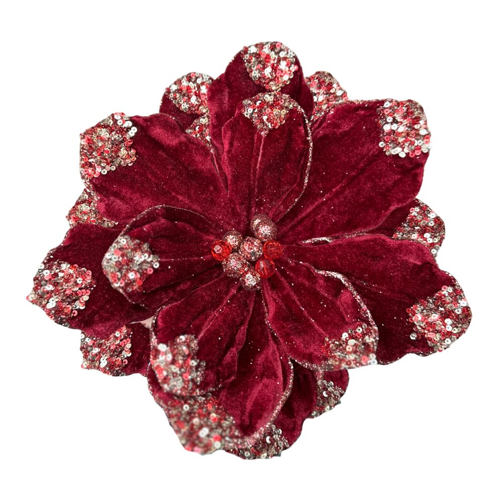 20IN Deep Red Velvet Poinsettia Stem – Gold-Glitter Tips