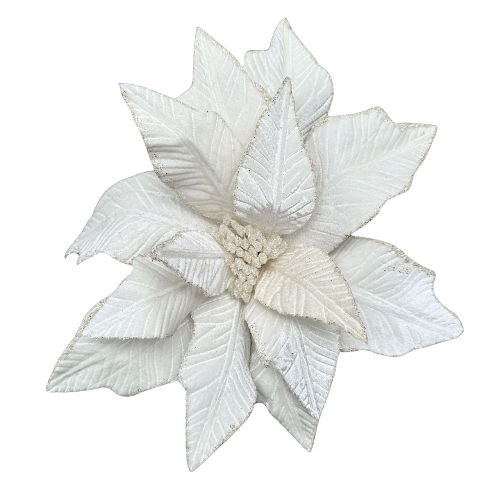 20IN Embossed Velvet Poinsettia Pick – Ivory with Glitter Edges
