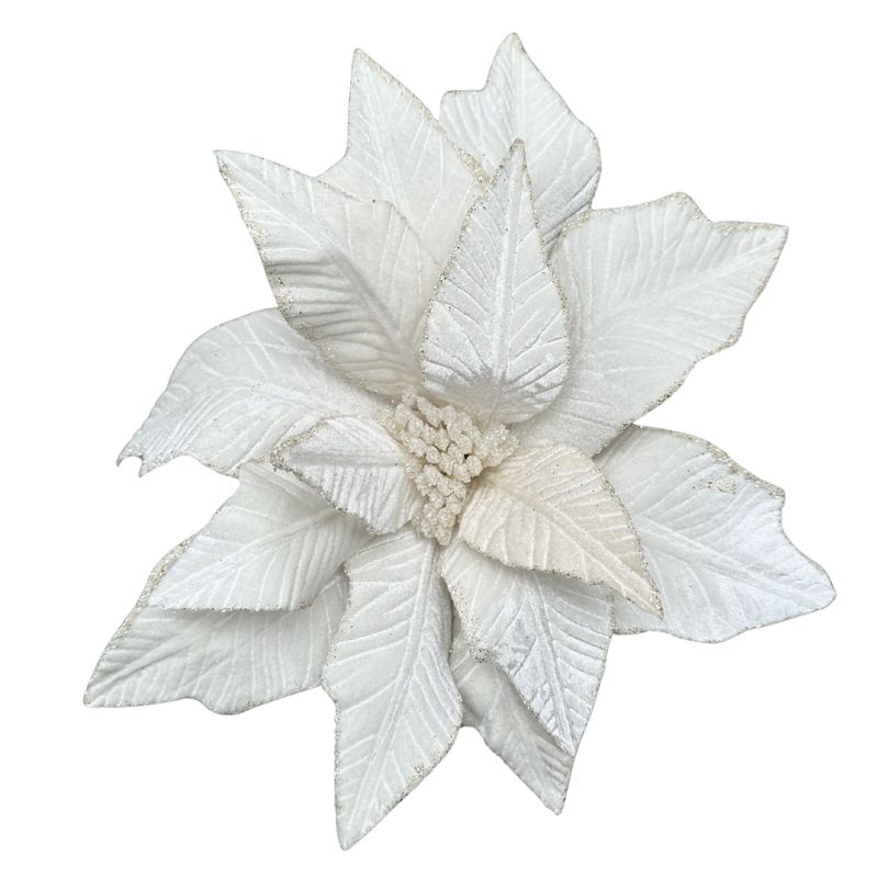20IN Embossed Velvet Poinsettia Pick – Ivory with Glitter Edges