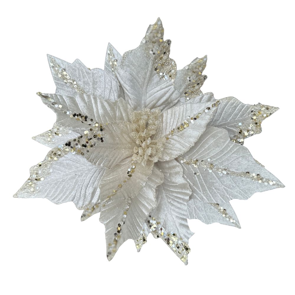 20IN Embossed Velvet Poinsettia Pick – Ivory with Gold Glitter