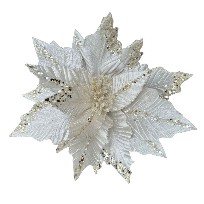 20IN Embossed Velvet Poinsettia Pick – Ivory with Gold Glitter