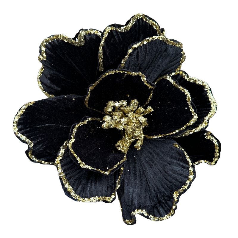 20IN Velvet Magnolia Stem – Black with Glitter Edges