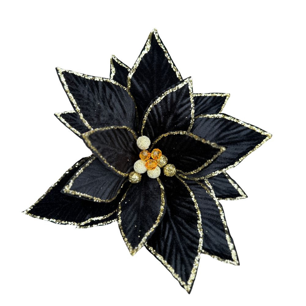20IN Velvet Poinsettia Stem – Black with Glitter Edges