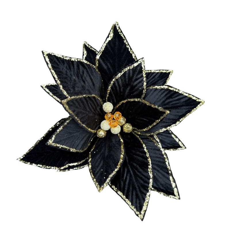 20IN Velvet Poinsettia Stem – Black with Glitter Edges
