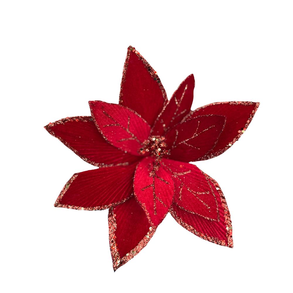 20IN Velvet Poinsettia Pick – Red with Glitter Edges