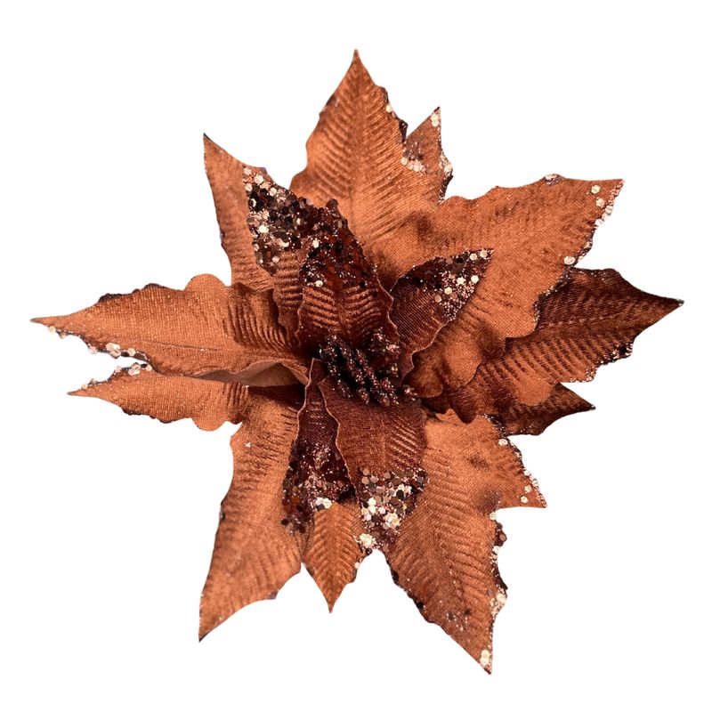 30CM Velvet Poinsettia Pick – Brown with Glittered Tips