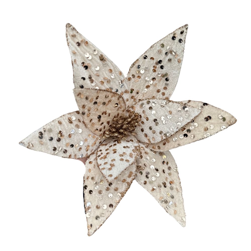 20IN Sequined Poinsettia Stem – Champagne Sparkle