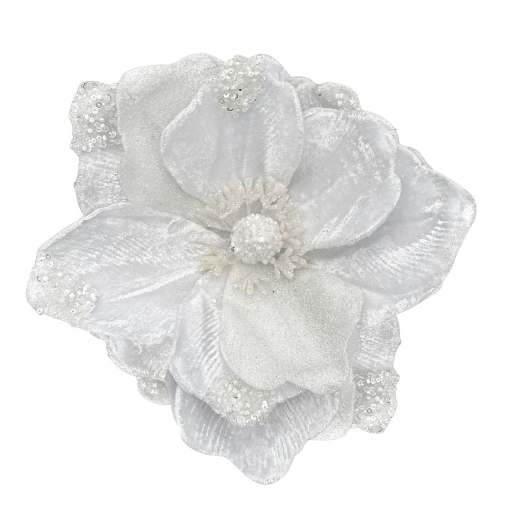 22IN Velvet &amp; Sequined Magnolia – Winter White