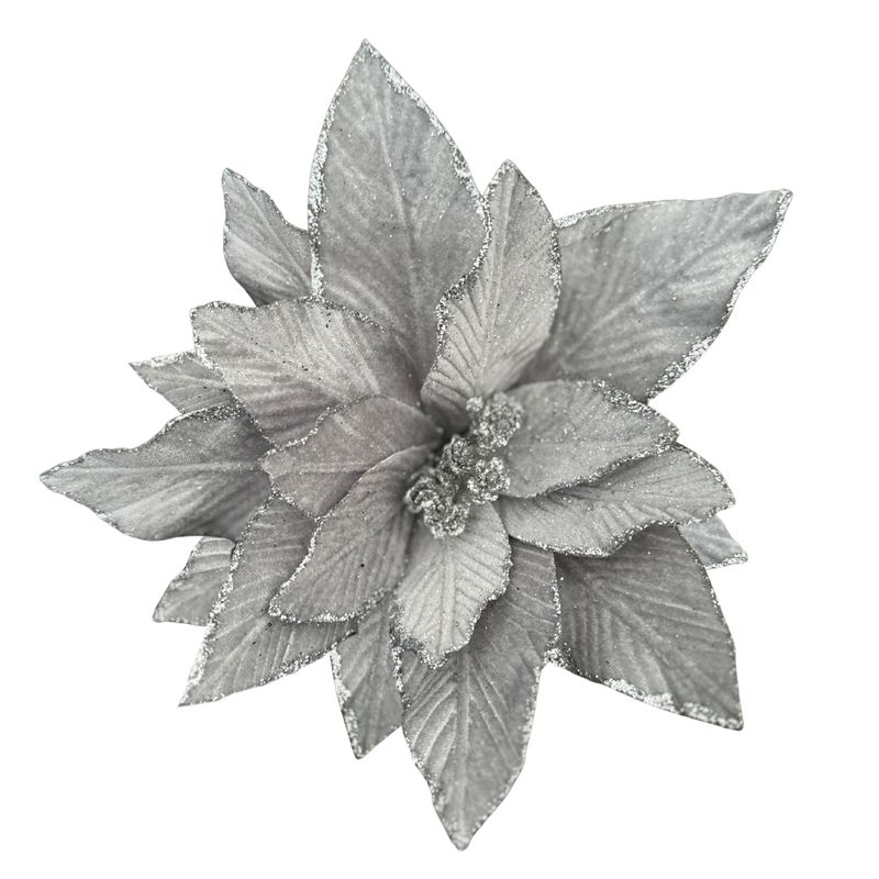 Velvet Poinsettia Pick – Grey with Glittered Edge