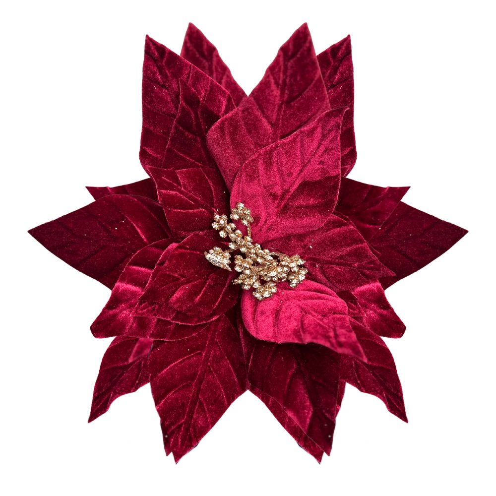 20IN Embossed Velvet Poinsettia Stem – Burgundy Red