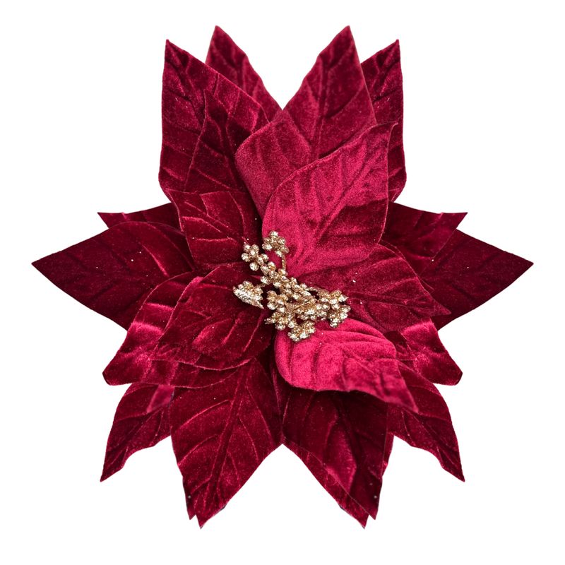 20IN Embossed Velvet Poinsettia Stem – Burgundy Red