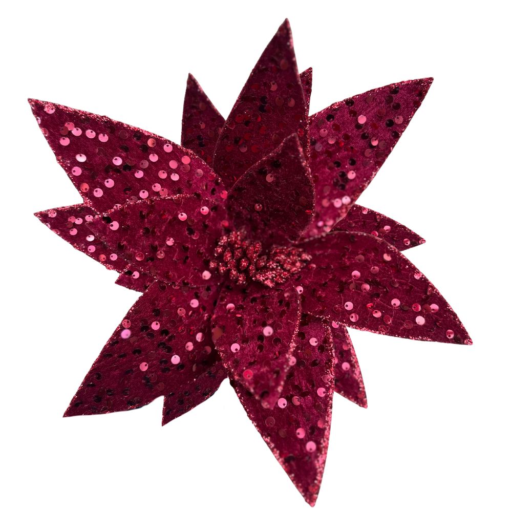 20IN Sequined Poinsettia Stem – Burgundy Luxe