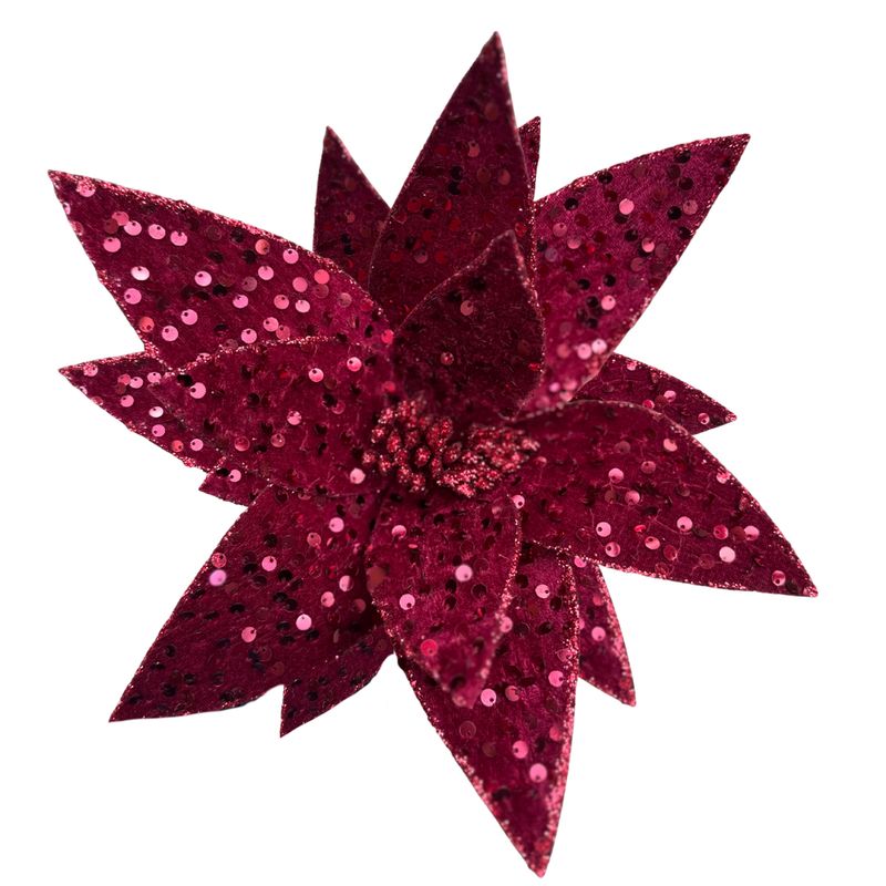 20IN Sequined Poinsettia Stem – Burgundy Luxe