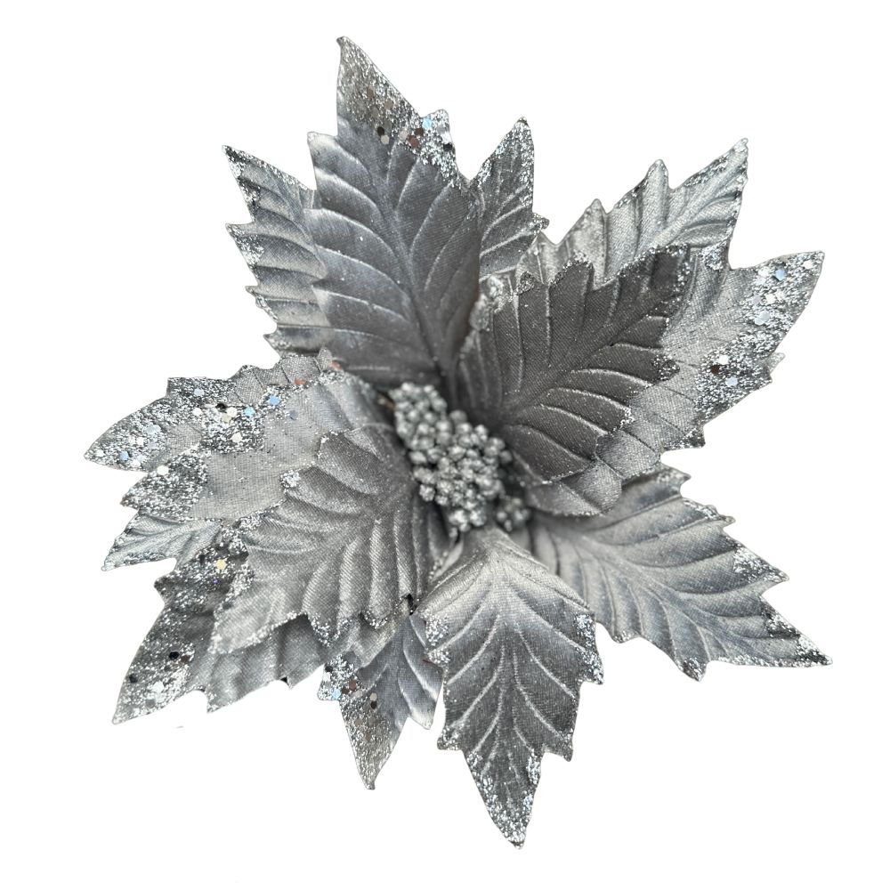 22IN Velvet Poinsettia Stem – Silver Luxe