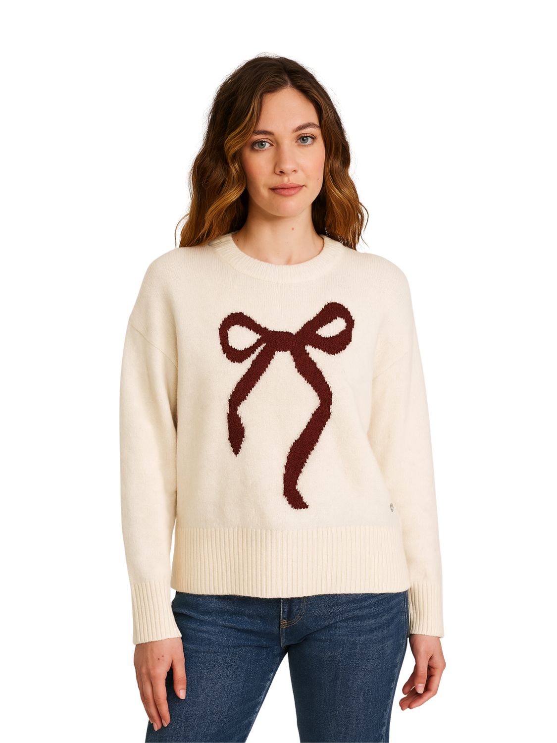 Red Bow Detail Sweater, Colour: Bone, Size: S