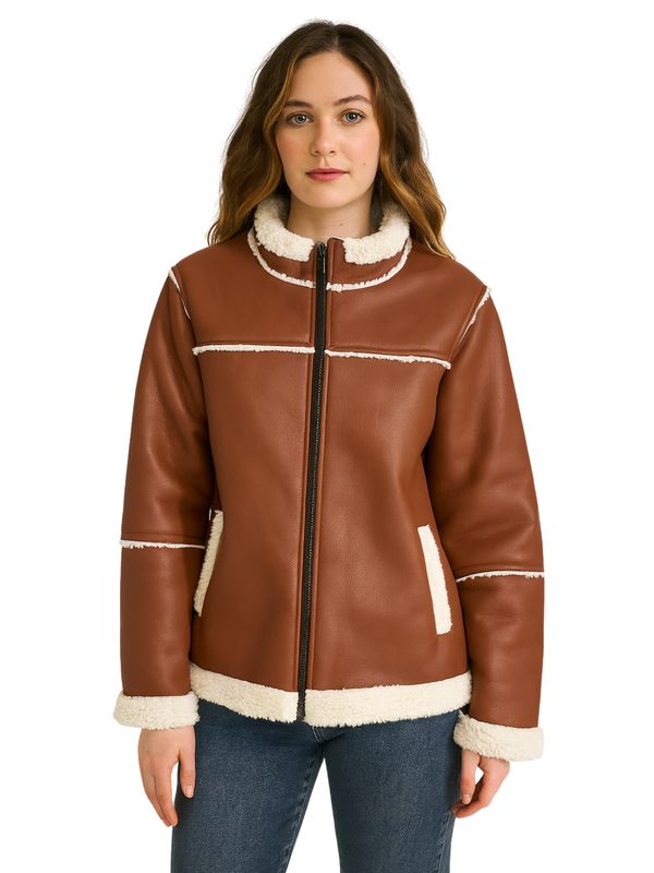 Cozy Brown Faux Leather Jacket with Sherpa Trim