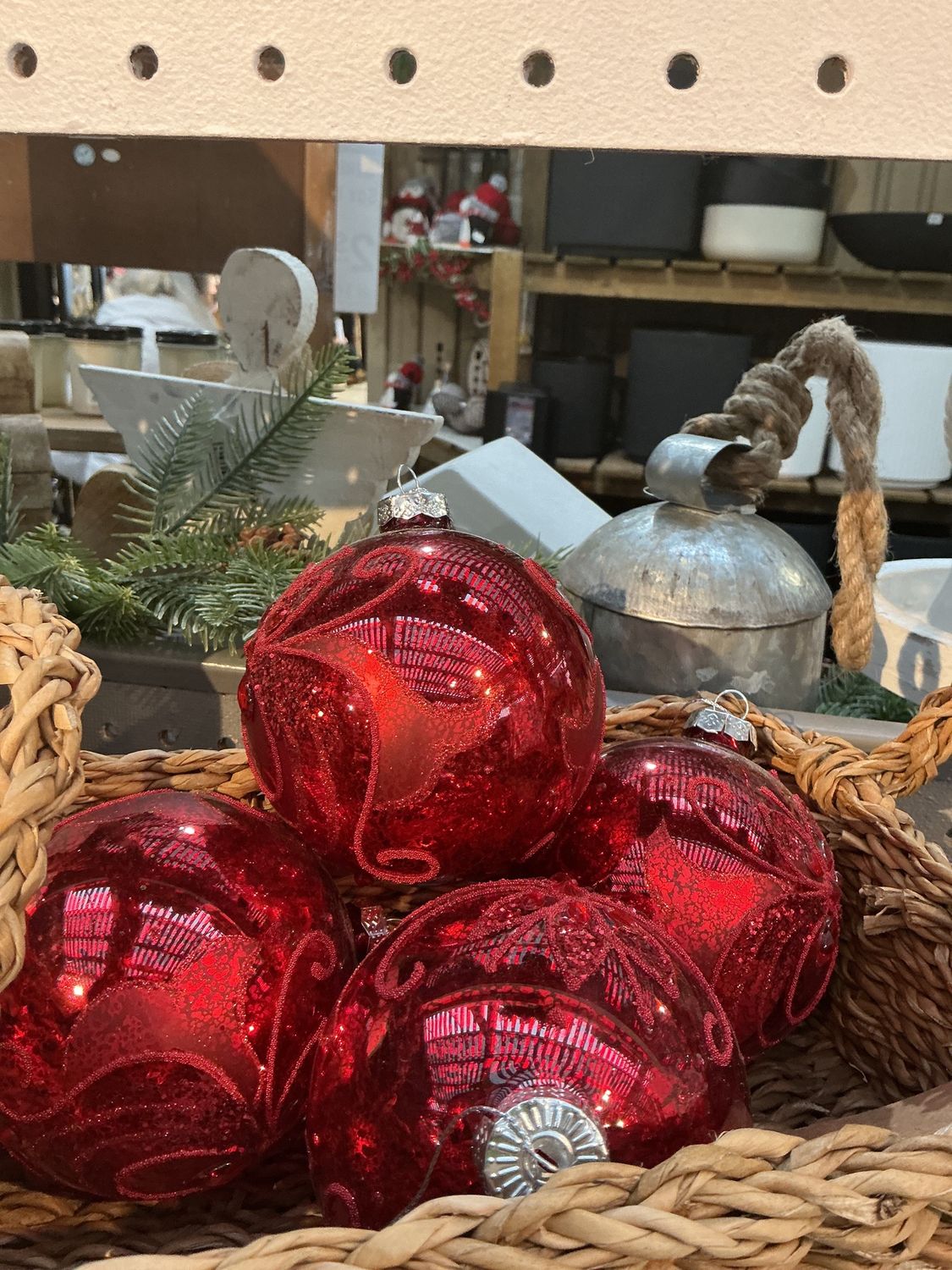 Glass Finial Ornament Red/Floral 8x16cm