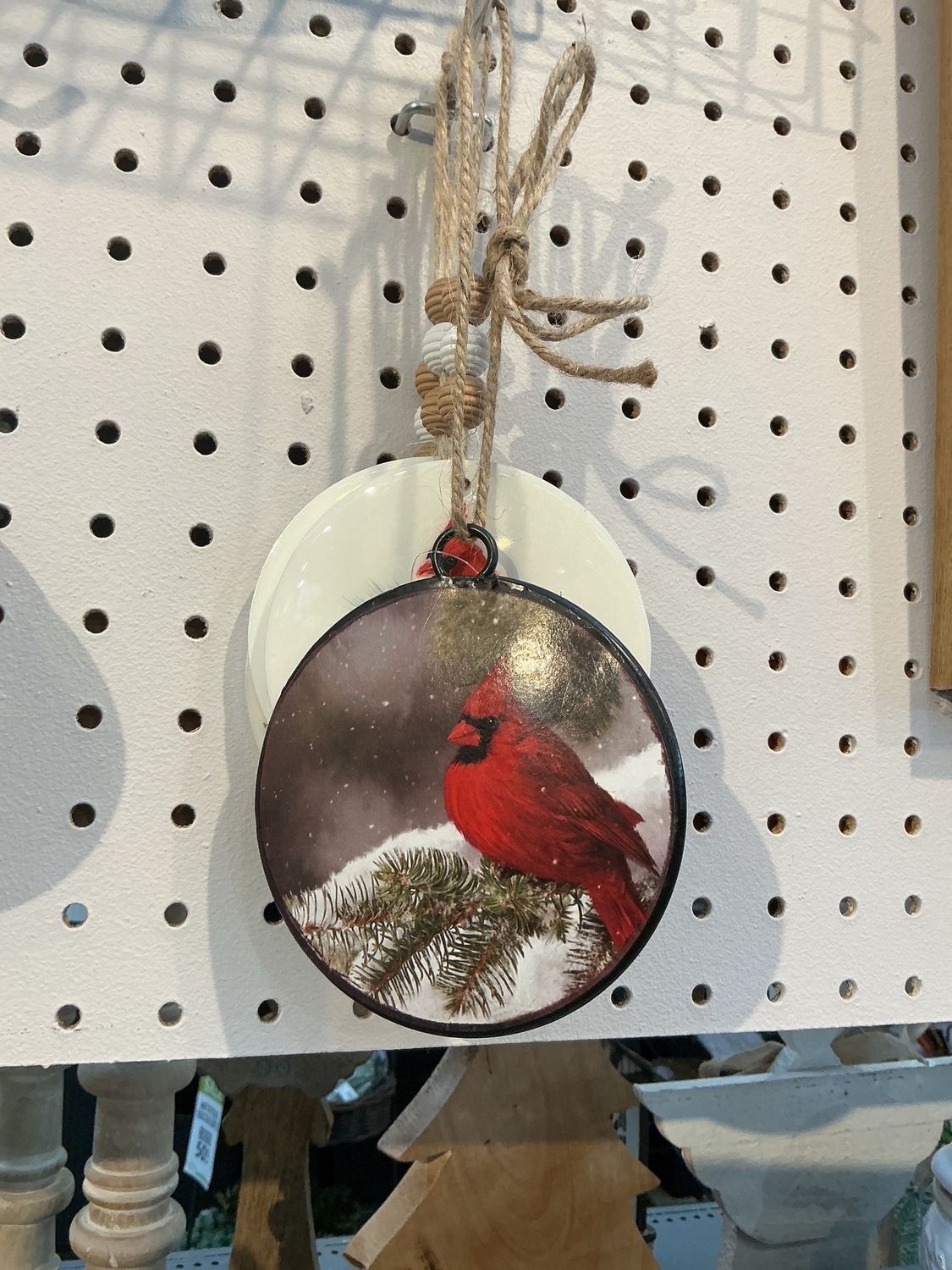 Metal Disc Tree Ornament with Chubby Cardinal on Spruce Branch