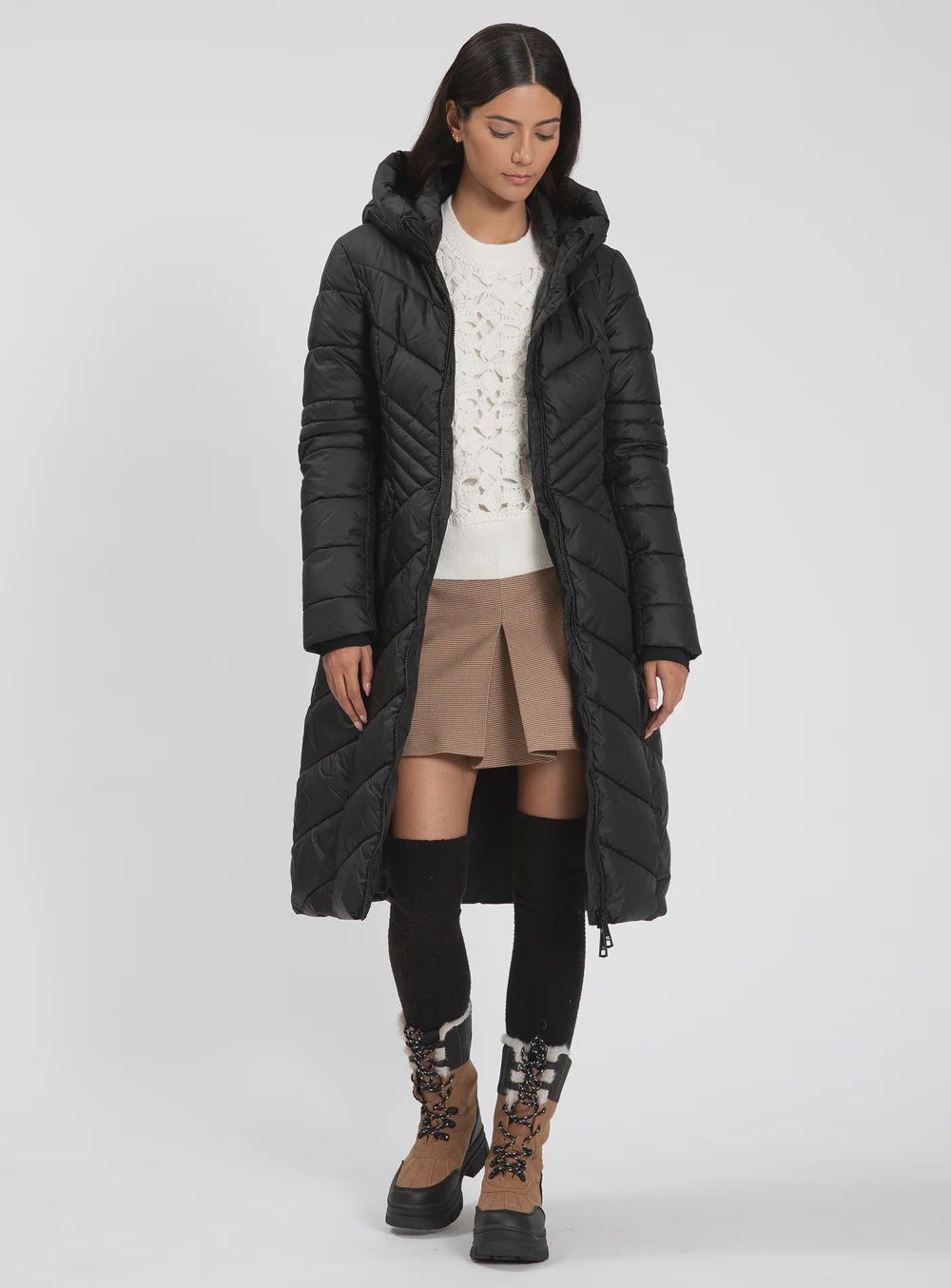 VALENTINA Star-Stitch Chic Long Puffer Jacket, Colour: Black, Size: S