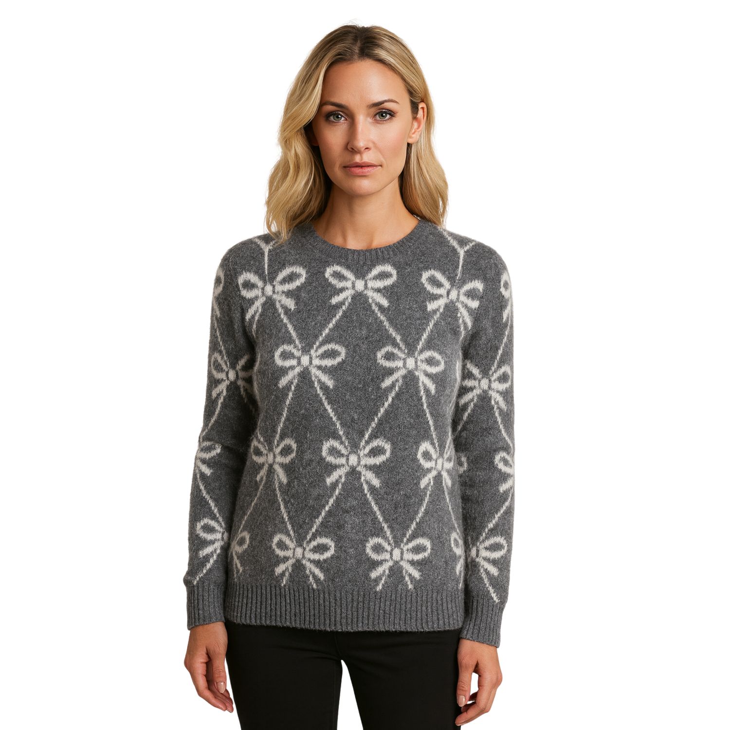 Knitted Bow Sweater, Colour: Grey, Size: S