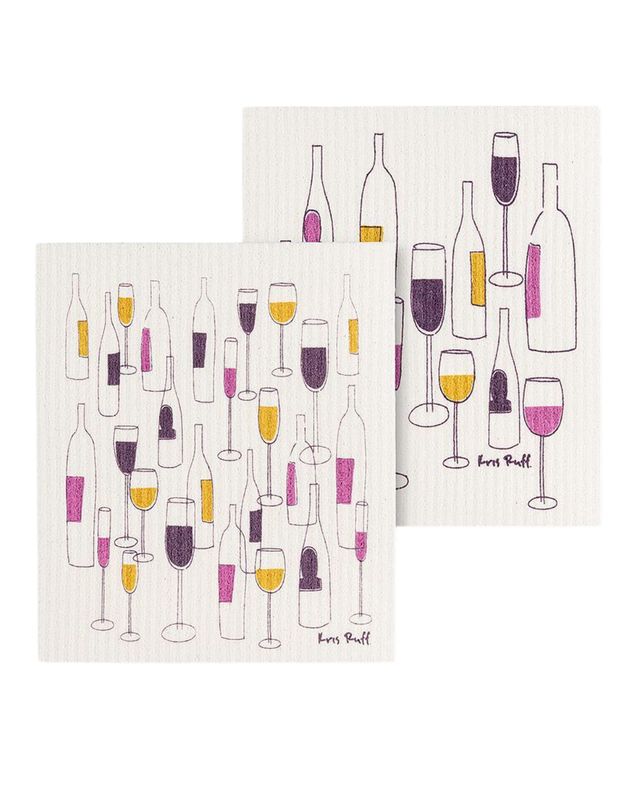 S/2 Wine Bottles &amp; Glasses Dishcloths-6.5x8"L