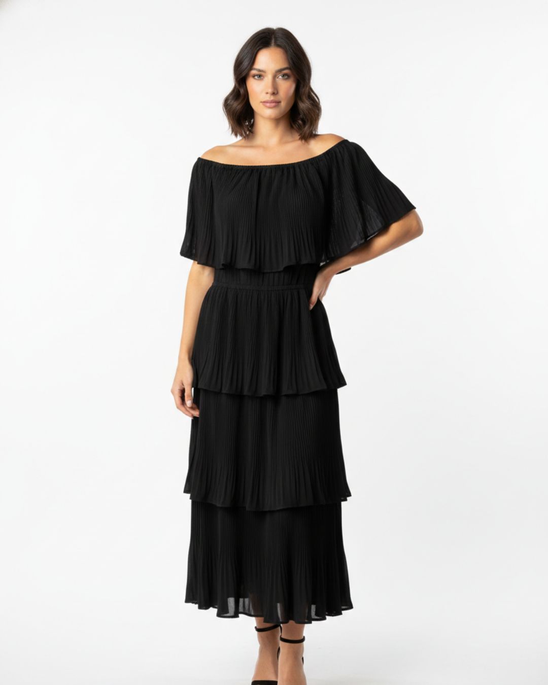 PLEATED OFF THE SHOULDER LAYERED MAXI DRESS