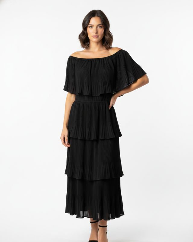 PLEATED OFF THE SHOULDER LAYERED MAXI DRESS