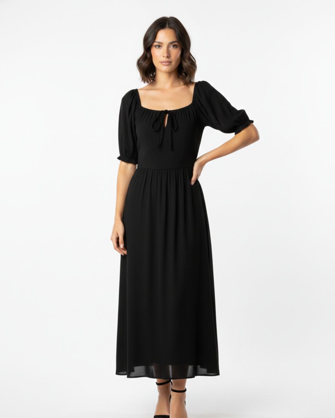 OTS V NECK MIDI DRESS WITH POCKETS AND SMOCKED WAI