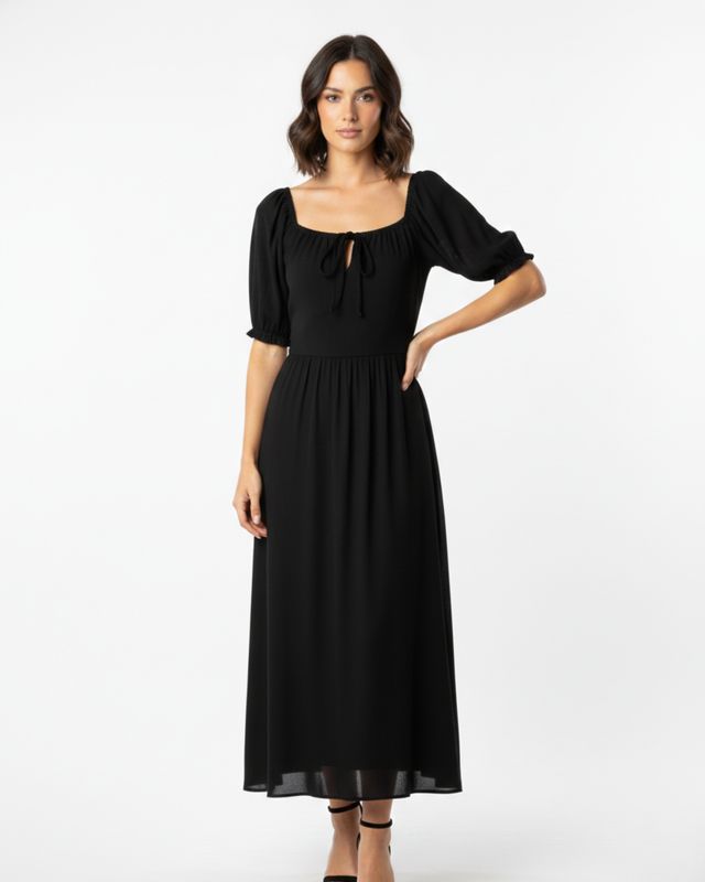 OTS V NECK MIDI DRESS WITH POCKETS AND SMOCKED WAI