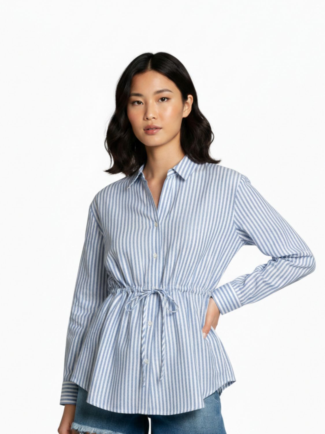 Striped Button-Up Shirt With Waist