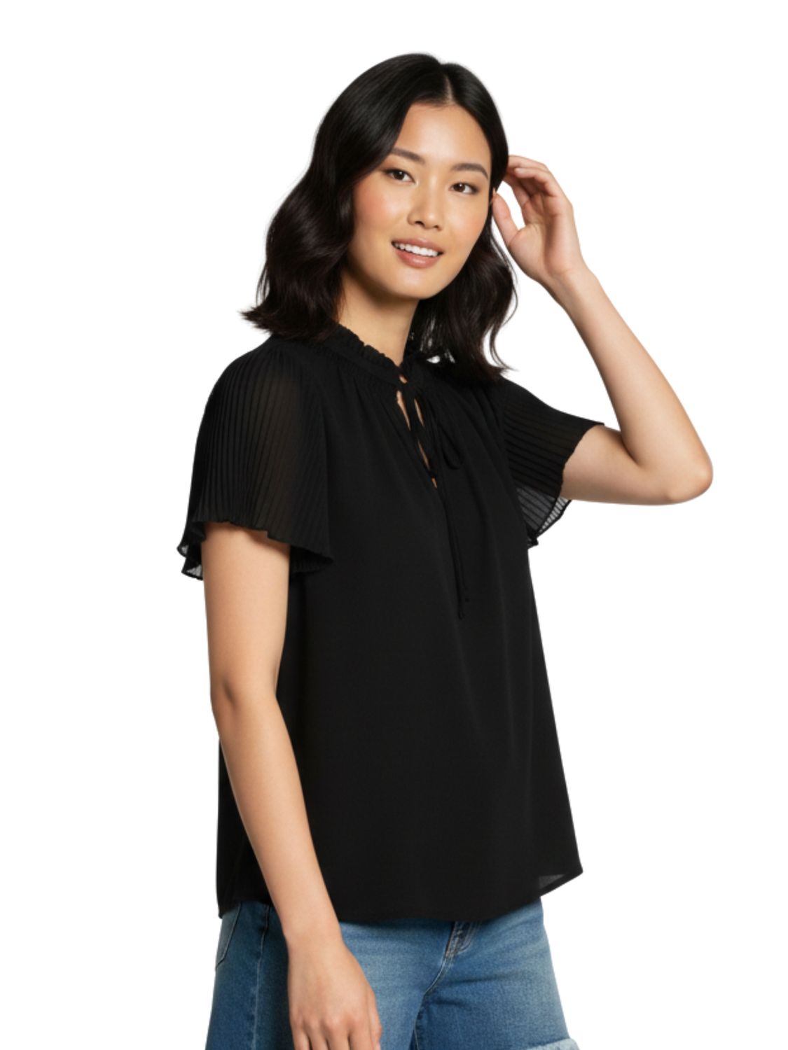 Sheer Sleeve Tie-Neck Blouse