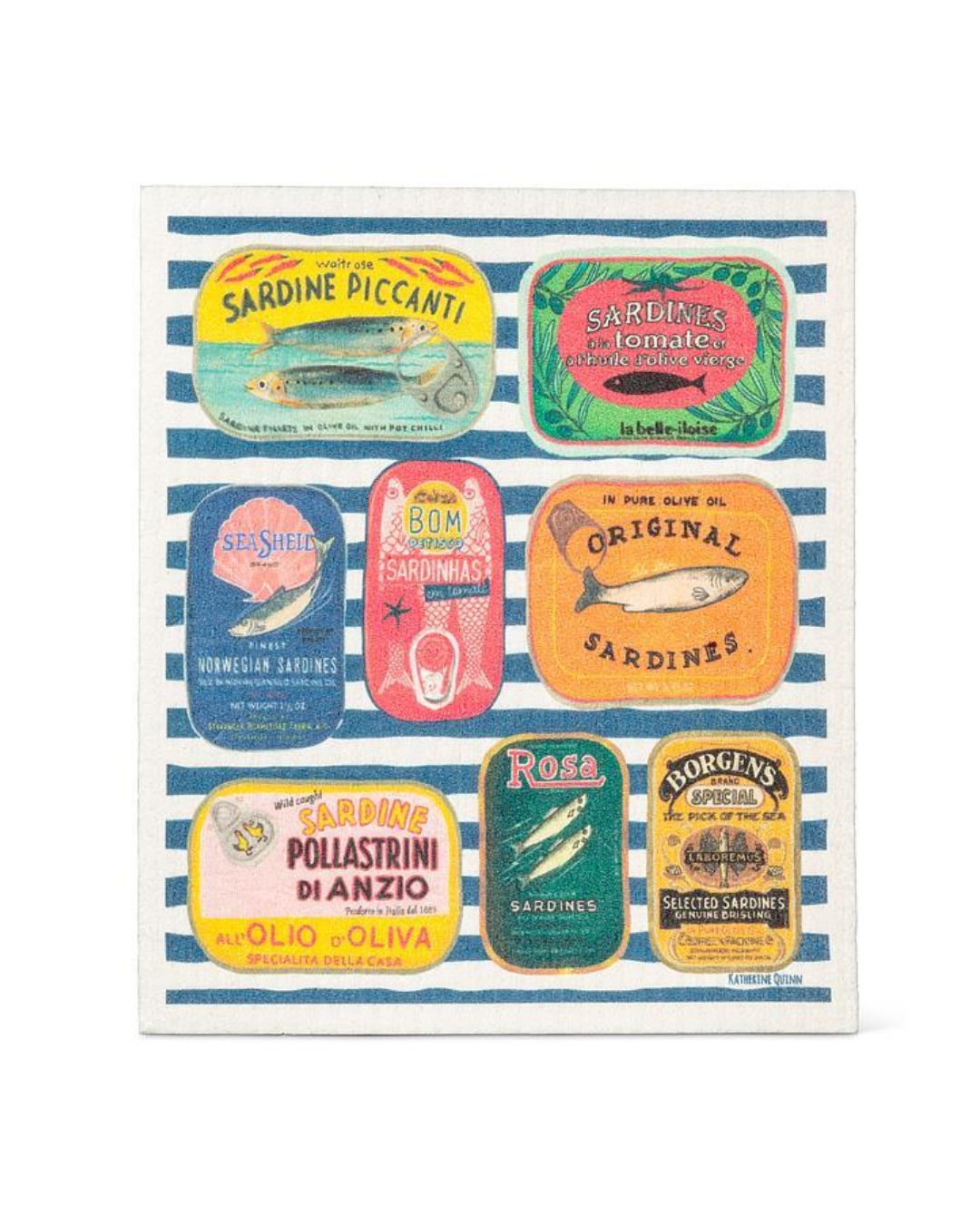 Sardine Tins on Stripes Dishcloth-6.75x7.5"L