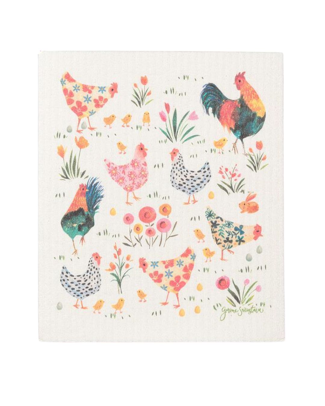 Roosters &amp; Hens Dishcloth-6.75x7.5"L