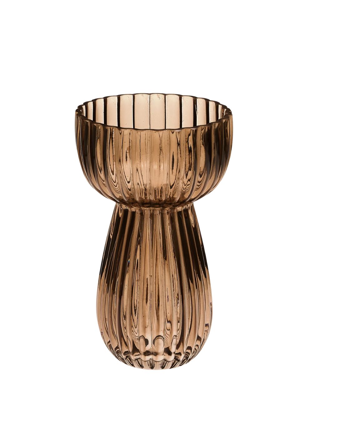 VASE LARGE GLASS MUSHROOM SHAPE RIBBED BROWN
