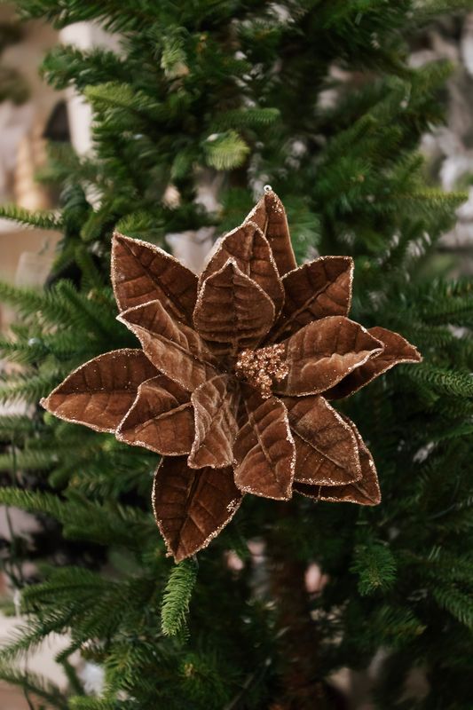Velvet Glitter Poinsettia Stem - 20" - Brown