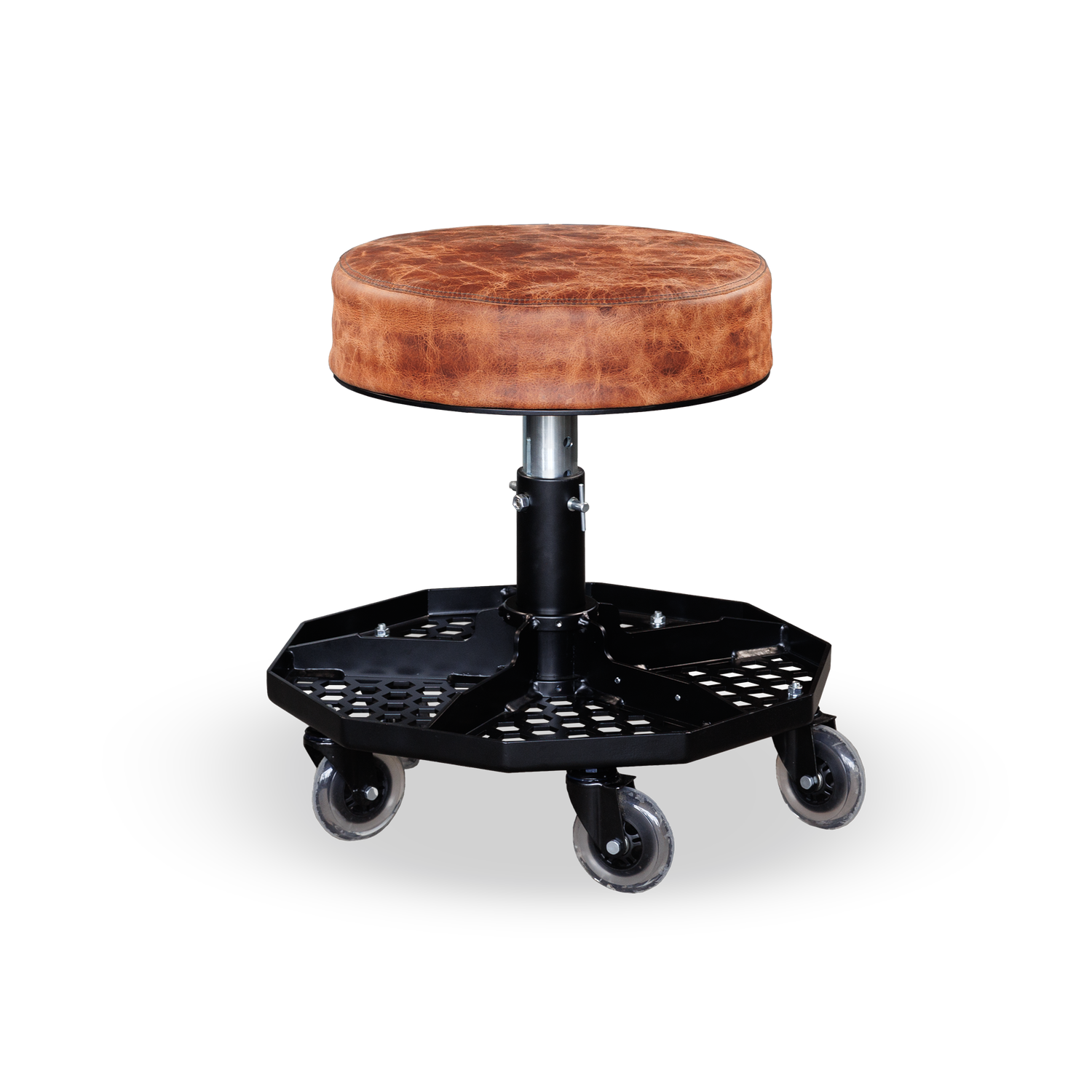 Fast Freddy Pin-Pro Hex chair with brown buffalo leather and black kevlar stitching