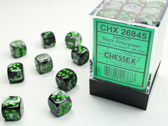 Gemini Black-Grey/Green Dice [12mm, 36D6]