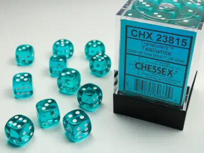 Translucent Teal/White Dice [12mm, 36D6]
