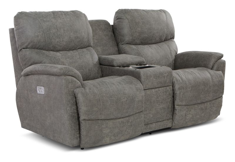 Trouper Power Reclining Loveseat w/ Headrest, Lumbar &amp; Console I-Northwest Charcoal Dual RW Power Bundle